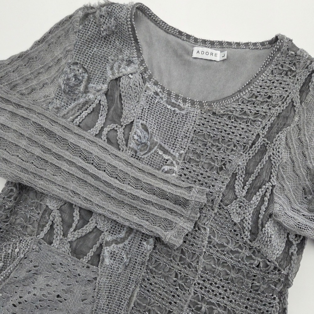Adore Womens Grey Mixed Media Crochet Lace Asymmetric Tunic‎ Top Large L Boho